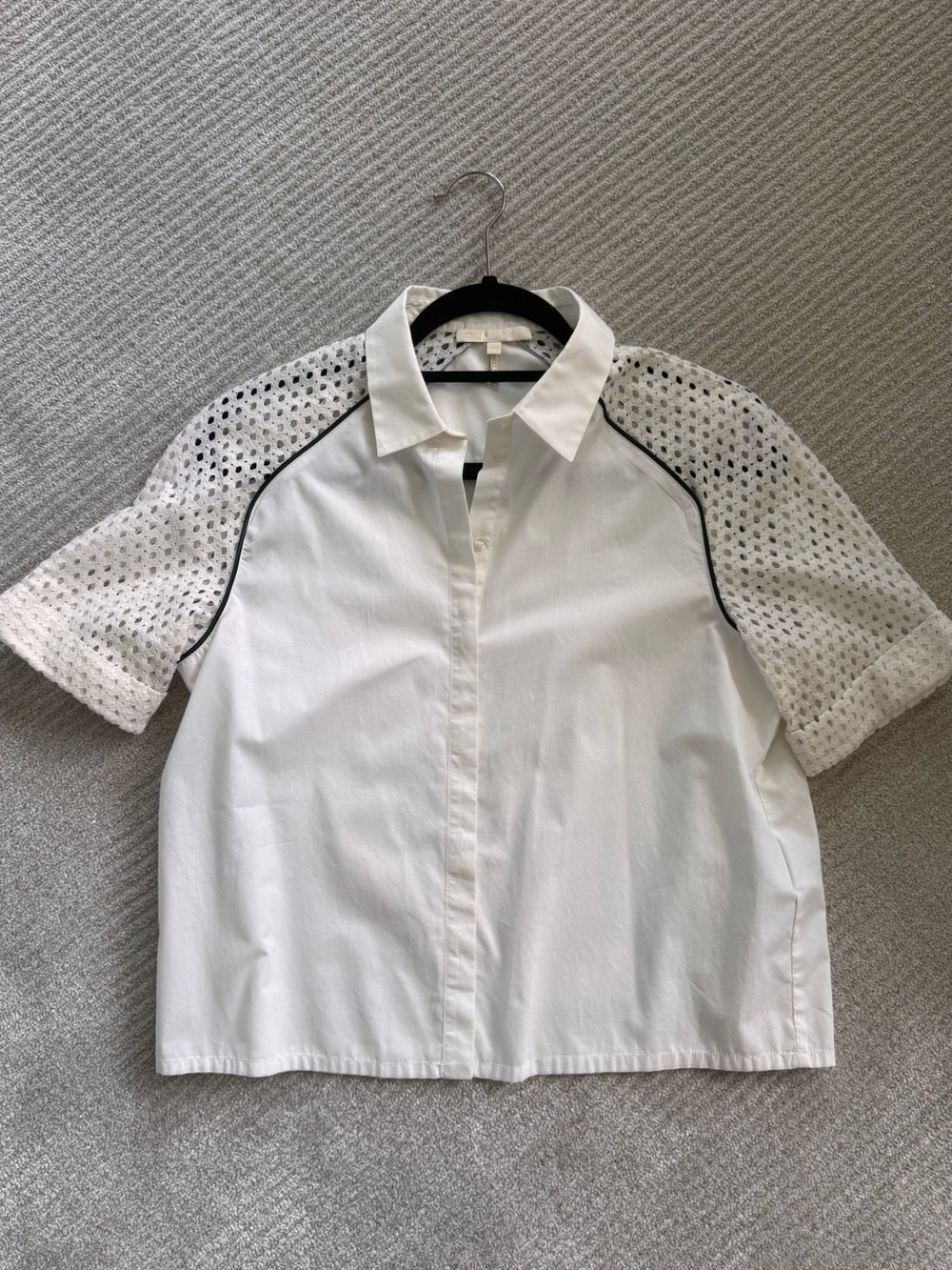 Maje White Button-Down Top with Eyelet Short Sleeves and Black Piping